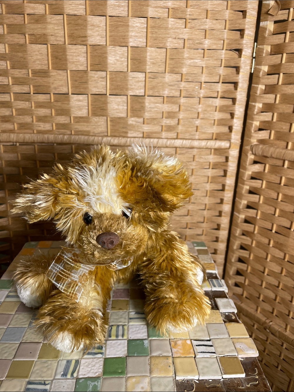 Gund Brown & Cream Plush Dog Toy with Plaid Bow